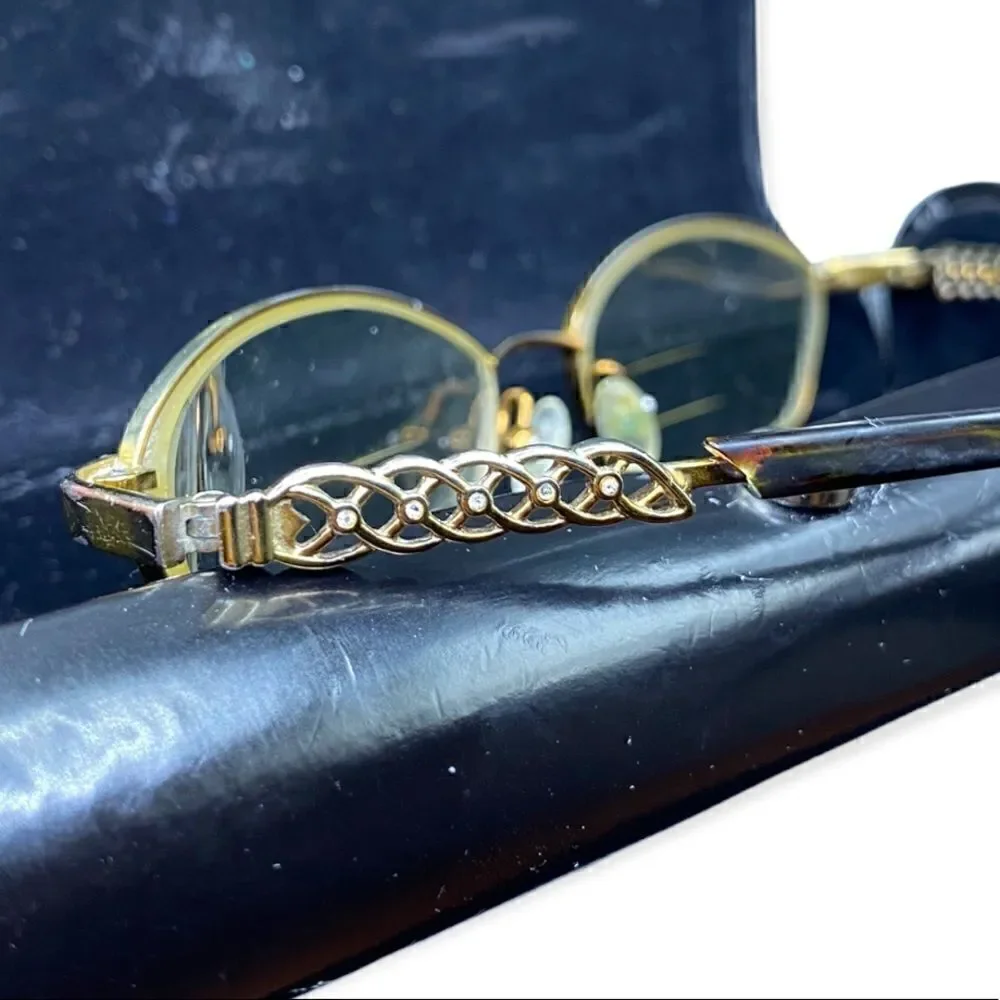Saks Fifth Avenue 135 RV9 gold tone glasses side detail rhinestones & case